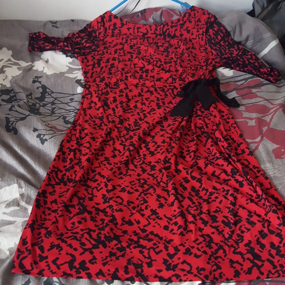 Red and black pull over sheath type dress.